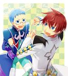  asbel_lhant bad_id bad_pixiv_id blue_eyes blue_hair blush brothers brown_hair checkered checkered_background english glasses hubert_ozwell male_focus multiple_boys sen_nai siblings tales_of_(series) tales_of_graces uniform 