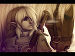  animal artist_request blonde_hair blue_eyes breath elf epona_(legend_of_zelda) horse link male male_focus monochrome nintendo pointy_ears sword tears_to_tiara the_legend_of_zelda weapon weapons 