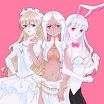  3girls 5pb. animal_ears bare_shoulders blonde_hair blue_eyes braid breasts bunny_ears cleavage dark_skin dress eiyusenki eiyuu_senki hand_holding hand_on_hip hips holding_hands kay_(eiyuu_senki) long_hair maid_headdress midriff multiple_girls navel open_mouth palamedes_(eiyuu_senki) percival_(eiyuu_senki) red_eyes sideboob simple_background sir_kay_(eiyuu_senki) sir_palamedes_(eiyuu_senki) sir_percival_(eiyuu_senki) twin_braids white_hair 