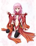  bare_shoulders breasts cat's_cradle center_opening cleavage detached_sleeves elbow_gloves fingerless_gloves gloves guilty_crown highres leotard long_hair medium_breasts navel pink_hair rayhwang red_eyes red_leotard sitting solo thighhighs twintails yuzuriha_inori 