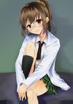  anti_(untea9) black_legwear boku_wa_tomodachi_ga_sukunai brown_eyes brown_hair glasses hands_together head_tilt kneehighs labcoat leg_hug leg_up long_hair looking_at_viewer no_shoes own_hands_together plaid plaid_skirt pleated_skirt ponytail school_uniform shiguma_rika short_hair sitting skirt smile solo st._chronica_academy_uniform 