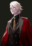  1boy 55level black_jacket brown_background cape commentary_request dark_background fate/grand_order fate_(series) formal hair_between_eyes highres jacket karna_(fate) light_blue_eyes looking_at_viewer looking_to_the_side male_focus necktie pale_skin red_cape short_hair simple_background solo standing upper_body white_hair yellow_neckwear 