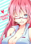  bespectacled blue_eyes breasts cleavage engrish glasses grin heart highres long_hair medium_breasts megurine_luka one_eye_closed pink_hair ranguage smile solo sss3 vocaloid 