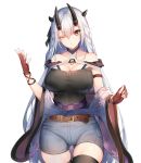  1girl belt breasts brown_eyes chixiao fingerless_gloves gloves hair_between_eyes hair_ornament highres horns large_breasts looking_at_viewer oni original shorts silver_hair 