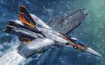  80s absurdres aircraft aircraft_carrier airplane choujikuu_yousai_macross cockpit flying helmet highres jet macross mecha military military_vehicle non-web_source ocean official_art oldschool pilot_suit prometheus_(ship) realistic scan science_fiction ship tenjin_hidetaka u.n._spacy variable_fighter vf-1 vf-1a wake warship water watercraft 
