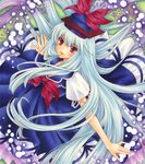  aoi_yuuka_(ao_no_kokoro) blue_hair dress hat kamishirasawa_keine long_hair red_eyes ribbon sitting smile solo touhou traditional_media very_long_hair 