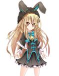  1girl animal_ears black_dress blonde_hair blush brown_eyes bunny_ears dress duel_monster ebon_magician_curran female hat korican lolita_fashion long_hair looking_at_viewer simple_background solo standing white_background yu-gi-oh! 