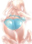  absurdres ass back backboob bad_id bad_pixiv_id bare_legs bare_shoulders barefoot bikini blonde_hair blue_bikini blush breasts dodai_shouji elf from_behind highres large_breasts long_hair looking_back original pointy_ears ponytail shiny shiny_clothes solo swimsuit top-down_bottom-up yellow_eyes 