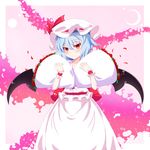  bat_wings blue_hair bouquet dress flower frills hat highres meracle petals red_eyes red_flower red_rose remilia_scarlet ribbon rose rose_petals smile solo touhou wings wrist_cuffs 