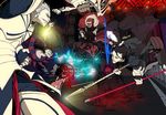  6+boys action armor artoria_pendragon_(all) assassin_(fate/zero) battle berserker_(fate/zero) book bull caster_(fate/zero) chariot ea_(fate/stay_night) electricity excalibur fate/zero fate_(series) formal gae_buidhe gae_dearg gilgamesh glowing glowing_weapon gordius_wheel helmet kenja_tori lancer_(fate/zero) multiple_boys pant_suit polearm ponytail rider_(fate/zero) saber spear suit sword weapon 