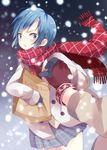  bad_id bad_pixiv_id bag blue_eyes blue_hair blush bow gloves hair_ornament hairclip holding_hands mahou_shoujo_madoka_magica miki_sayaka night out_of_frame plaid plaid_scarf pun2 red_scarf scarf school_uniform short_hair skirt snow solo_focus winter 