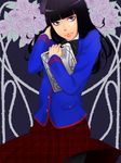  bad_id bad_pixiv_id black_hair black_legwear commentary_request eyeliner flower ipad kamen_rider kamen_rider_fourze_(series) long_hair looking_at_viewer makeup nail_polish nozama_tomoko pantyhose plant purple_flower purple_rose rose skirt solo tablet_pc thorns vines 