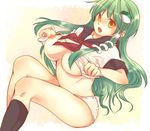  bad_id bad_pixiv_id breasts frog_hair_ornament green_hair hair_ornament huge_breasts kiguchiko kochiya_sanae long_hair nipples panties socks solo touhou underwear white_panties yellow_eyes 