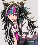  1girl bent_over black_skirt commentary_request danganronpa ear_piercing eyebrows_visible_through_hair gloves gurepyon heart horns jewelry long_hair messy_hair mioda_ibuki mouth_piercing multicolored_hair necklace piercing pink_eyes pink_heart pink_neckwear pink_sailor_collar sailor_collar school_uniform serafuku shirt short_sleeves signature simple_background single_glove skirt solo super_danganronpa_2 tongue tongue_out white_background white_shirt 