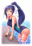  blue_eyes blue_hair blush e20 highres long_hair one-piece_swimsuit open_mouth ponytail quiz_magic_academy swimsuit very_long_hair water yuri_(quiz_magic_academy) 