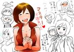  1girl agata_no_michi bare_shoulders blush_stickers breasts brown_hair chibi cleavage clenched_hands closed_eyes facial_hair fan hands_together holding holding_fan master_(vocaloid) medium_breasts meiko red shirt short_hair simple_background sleeveless stubble t-shirt translated vocaloid white_background 