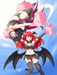  ;d alternate_costume asymmetrical_wings bat_wings belt black_gloves black_hair black_legwear black_panties blush breasts bustier cheerleader cleavage demon_tail detached_collar elbow_gloves flx gloves head_wings highres houjuu_nue koakuma large_breasts midriff multiple_girls navel one_eye_closed open_mouth outstretched_arms panties pom_poms red_eyes red_hair skirt smile spread_arms tail thighhighs touhou underwear upside-down wings zettai_ryouiki 