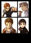  absurdres baccano! black_background black_hair brown_eyes brown_hair cigarette claire_stanfield coat czeslaw_meyer enami_katsumi grey_hair highres jacuzzi_splot ladd_russo long_sleeves looking_up male_focus multiple_boys necktie official_art open_mouth scan shirt short_hair simple_background smoking tattoo teeth vest 