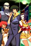  2girls androgynous beard bike_shorts black_hair blush_stickers breasts cigarette cowboy_bebop dark_skin dog edward_wong_hau_pepelu_tivrusky_iv ein_(cowboy_bebop) facial_hair faye_valentine goggles green_eyes hairband jet_black medium_breasts midriff multiple_boys multiple_girls purple_hair raelraphael red_hair reverse_trap short_hair spike_spiegel thighhighs welsh_corgi zettai_ryouiki 