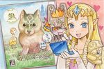  blonde_hair blue_eyes colored_pencil_(medium) company_connection dog earrings elbow_gloves fang gloves handheld_game_console heart imp jewelry link link_(wolf) long_hair midna multiple_girls nintendo nintendo_3ds nintendogs oocca ooccoo orange_hair pointy_ears princess_zelda puppy red_eyes sagawa_yumeko smile squee the_legend_of_zelda the_legend_of_zelda:_twilight_princess tiara traditional_media wolf 