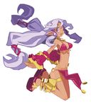  ;d anklet bikini cheerleader_(disgaea) choker circlet disgaea full_body happy harada_takehito harem_outfit jewelry jumping leg_garter long_hair low-tied_long_hair makai_senki_disgaea_3 official_art one_eye_closed open_mouth panties pointy_ears purple_eyes purple_hair sandals sidelocks smile solo swimsuit tabard thong underwear white_background wrist_cuffs 