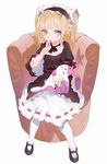  blonde_hair blue_eyes boku_wa_tomodachi_ga_sukunai chair dress food full_body gothic_lolita hairband hasegawa_kobato heterochromia highres karei lolita_fashion lolita_hairband long_hair looking_at_viewer pantyhose pudding red_eyes simple_background sitting solo spoon stuffed_animal stuffed_bunny stuffed_toy two_side_up white_legwear 