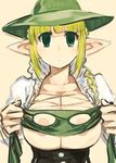  areola_slip areolae bad_id bad_pixiv_id bangs blonde_hair breasts breasts_outside cleavage elf green_eyes hat kaqo large_breasts original pointy_ears solo 
