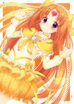  bow brooch brown_hair bubble_skirt choker cure_muse_(yellow) dress dutch_angle frilled_skirt frilled_sleeves frills hair_ornament halftone halftone_background heart highres jewelry long_hair magical_girl orange_(color) orange_background orange_hair orange_skirt precure purple_eyes ribbon shirabe_ako skirt solo suite_precure tatapopo tiara yellow yellow_bow yellow_choker yellow_ribbon 