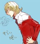  bad_id bad_pixiv_id barnaby_brooks_jr blonde_hair eating glasses hands_on_hips jacket male_focus medori open_mouth red_jacket solo tiger_&amp;_bunny 