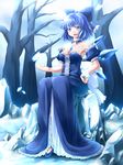  bare_shoulders branch breasts bug butterfly cirno cleavage detached_collar detached_sleeves dress hand_on_hip highres insect jewelry medium_breasts necklace older open_mouth shiromiza_kana sitting sky smile snow solo touhou tree 
