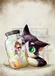  animal_ears bad_id bad_pixiv_id bottle brown_hair candy cat cat_focus chibi deko food green_eyes in_bottle in_container minigirl mouse_ears original scarf shirt sitting skirt sleeveless sleeveless_shirt solo 