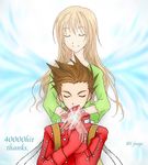  age_difference anna_irving artist_request brown_hair eyes_closed ghost hug lloyd_irving long_hair lowres mother_and_son oekaki short_hair smile suspenders tales_of_(series) tales_of_symphonia wings 