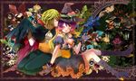  alternate_costume banned_artist blonde_hair boots cape closed_eyes corset dress flower gloves gradient_hair halloween hat hijiri_byakuren long_hair multicolored_hair multiple_girls one_eye_closed poko_(mammypoko) pumpkin purple_hair short_hair sitting toramaru_shou touhou two-tone_hair yellow_eyes 