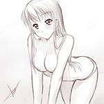  all_fours atomix breasts greyscale large_breasts long_hair monochrome nipples panties smile topless underwear 