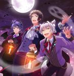  3boys absurdres blue_eyes blue_hair brown_hair enjouji_michiru full_moon green_hair halloween_costume highres idolmaster idolmaster_side-m kizaki_ren maji_(eau-fumeuse0207) male_focus moon multiple_boys open_mouth ponytail silver_hair smile taiga_takeru the_kogado vampire_costume yellow_eyes 