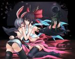  animal_ears ass bad_id bad_pixiv_id black_legwear black_panties brown_hair bunny_ears bunny_tail chang'e detached_sleeves earth green_eyes hair_ribbon highres long_hair moon_rabbit multiple_girls obi original panties personification red_eyes reisen ribbon rotix sash silver_hair sitting space tail thighhighs touhou underwear yuri 