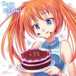  1girl atomix blue_eyes cake character_request eating food orange_hair source_request tongue twintails watch 