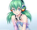  atomix blue_eyes green_hair headphones headphones_around_neck twintails 