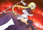  210ten armor armored_dress blonde_hair braid dress fate/apocrypha fate/stay_night fate_(series) gauntlets headpiece jeanne_d'arc_(fate) jeanne_d'arc_(fate)_(all) long_hair polearm purple_eyes side_slit solo thighhighs very_long_hair weapon 