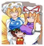  animal_ears blonde_hair breast_envy breast_rest breasts breasts_on_head brown_eyes brown_hair cat_ears cheek_pull chen commentary_request fox_tail hat highres large_breasts multiple_girls one_eye_closed peso_(cheese_company) purple_eyes tail tears touhou yakumo_ran yakumo_yukari 