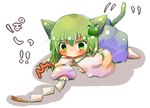  animal_ears bad_id bad_pixiv_id cat_ears cat_tail chibi detached_sleeves frog green_eyes green_hair hair_ornament kemonomimi_mode kochiya_sanae nanahamu solo tail touhou 