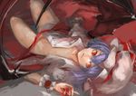  arm_up bad_id bad_pixiv_id bat_wings blood blue_hair bottomless hat hat_ribbon lying no_bra on_back open_clothes open_shirt ran_(pixiv2957827) red_eyes remilia_scarlet ribbon shirt short_hair solo touhou wings wrist_cuffs 