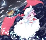  bat_wings dress fang forest frills grin hat highres meracle moon nature night petals purple_hair red_eyes remilia_scarlet ribbon scarlet_devil_mansion sky smile solo star_(sky) starry_sky touhou wings 