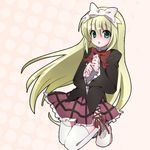  aqua_eyes artist_request blonde_hair blush jumping long_hair ribbon school_uniform seitokai_no_ichizon shiina_mafuyu skirt solo thighhighs 