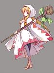  blonde_hair boots bow braid final_fantasy final_fantasy_tactics full_body grey_background hair_over_shoulder hood long_hair looking_back pantyhose red_eyes robe seo_tatsuya simple_background solo staff very_long_hair weapon white_mage white_mage_(fft) 