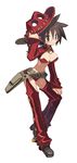  bag belt breasts brown_hair cleavage cowboy_hat cropped_jacket disgaea full_body glasses gunslinger_(disgaea) hand_on_headwear hand_up harada_takehito hat large_breasts makai_senki_disgaea_3 official_art red_eyes red_legwear round_eyewear shoes short_hair smile solo spiked_hair thighhighs 