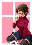  bad_id bad_pixiv_id brown_eyes brown_hair cake food fruit glasses highres k-on! manabe_nodoka nishiuri_warito red-framed_eyewear semi-rimless_eyewear short_hair sitting solo strawberry thighhighs under-rim_eyewear wariza 