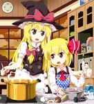  apron blonde_hair bowl brown_eyes cloud cooking egg eggshell food hat icing kirisame_marisa meat microwave milk milk_carton multiple_girls mushroom onion open_mouth pastry_bag pepper_shaker pot red_eyes rumia ruu_(tksymkw) short_hair spoon stirring touhou window witch_hat 