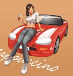  arm_support bangle blue_eyes bracelet breasts brown_hair car casual convertible cup daniel_macgregor dark_skin disposable_cup front-tie_top full_body ground_vehicle jewelry large_breasts midriff motor_vehicle pants pun shirt shoes simple_background sleeves_rolled_up smile sneakers solo suzuki_(company) suzuki_cappuccino tied_shirt 
