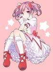  arm_up bad_id bad_pixiv_id bobby_socks bow bubble_skirt frills full_body gathers gloves hair_bow highres kaname_madoka magical_girl mahou_shoujo_madoka_magica mary_janes panties pink_background pink_eyes pink_hair sama shoes short_hair short_twintails simple_background sitting skirt smile socks solo star striped striped_panties twintails underwear 